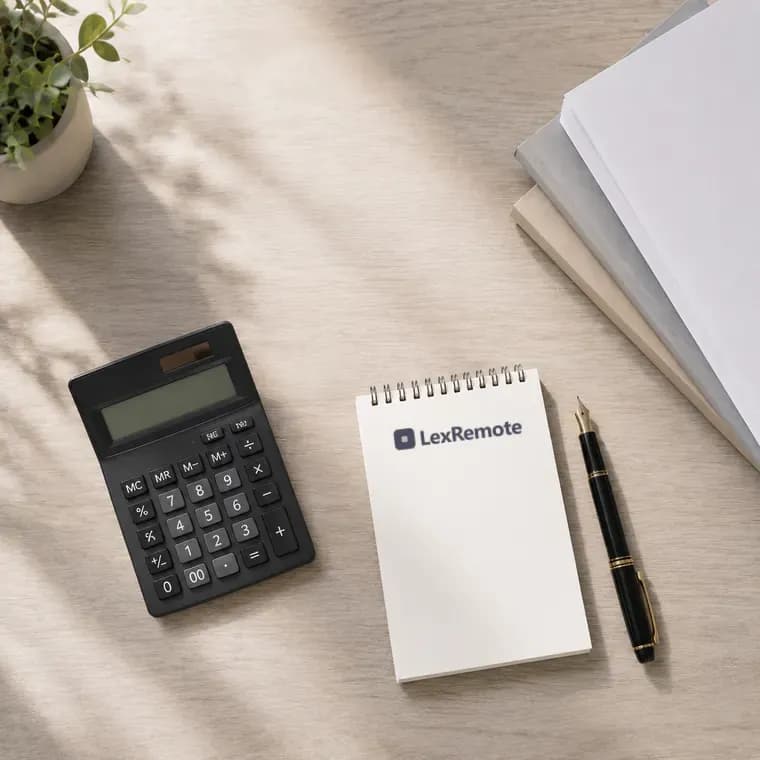 A desk with a calculator, notepad and pen