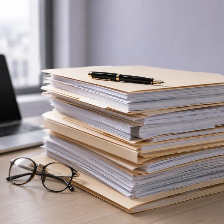 A stack of legal files and documents on a desk