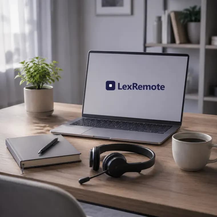 A tidy desk with a laptop, notebook and headset